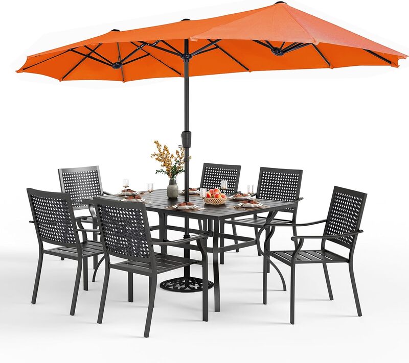 5/7 Pieces Patio Dining with Patio Umbrella, Metal Outdoor Stackable Wrought Iron Chair & Metal Wood-Like Dining Table