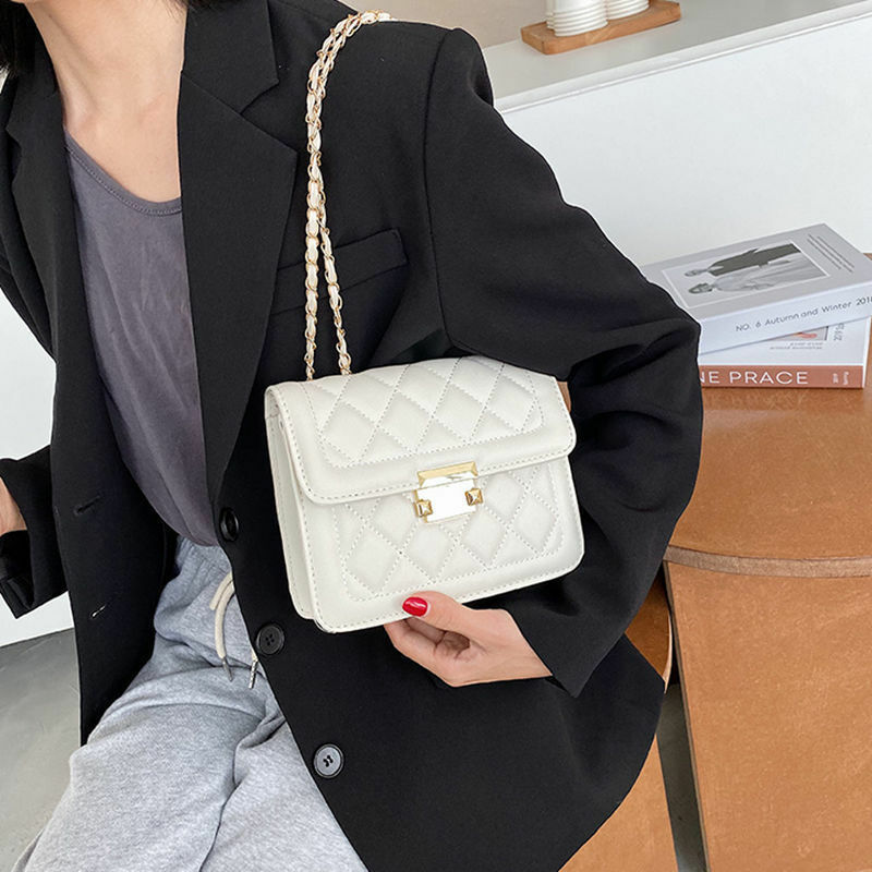 Women Diamond Lattice Chain Bags White Black PU Leather Shoulder Bag Korean INS Fashion Female Crossbody Bags for Ladies Girls