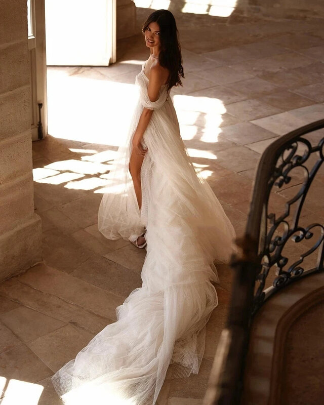 Sweetheart Bridal Gowns Off The Shoulder Sexy Robes Side Slit Vestidos De Novia 2023 Simple Tulle Wedding Dresses For Women 2024