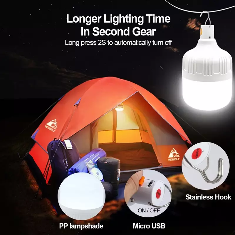 Lampu darurat bohlam LED portabel, lentera tenda gantung piknik luar ruangan, lampu senter Kemah portabel isi ulang USB