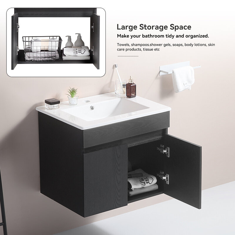 Mobiletto portaoggetti da bagno da 24 pollici, mobile moderno in legno massello a parete con lavabo in ceramica, due armadietti con chiusura ammortizzata