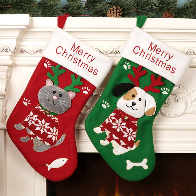 Милые рождественские чулки с рисунком кошки и собаки, подвеска на рождественскую елку