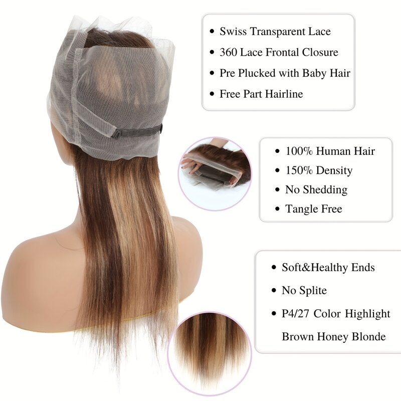 Extensões retas do cabelo humano, 360 Lace Frontal Only, Ombre Brown Honey Blonde 360 Lace Encerramento, P427 Color, Destaque