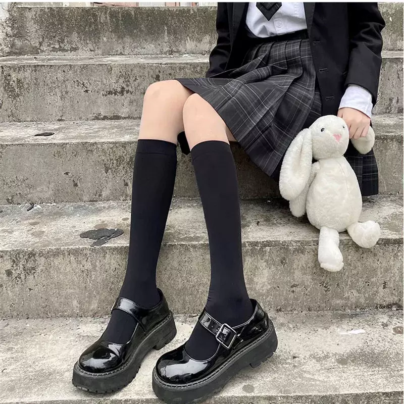 Однотонные черные и белые длинные носки, чулки JK в японском стиле, школьные чулки для девочек до бедра, милые гольфы в стиле "Лолита"