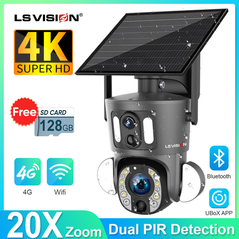 LS VISION 4G Solar Security Camera Outdoor 20X Zoom Dual Screen 8MP WiFi PTZ Dual Lens PIR Detection Auto Tracking Camera UBOX