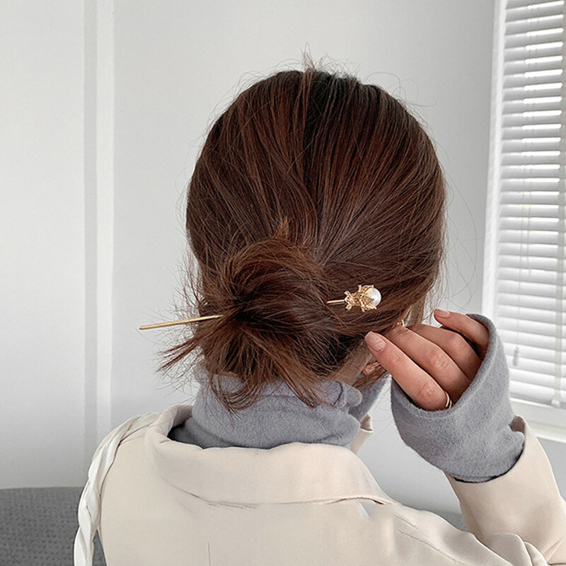 Clipe de cabelo de metal estilo chinês, cor dourada e prata, grampo pérola, vara, acessórios de cabelo, nova moda, 2021