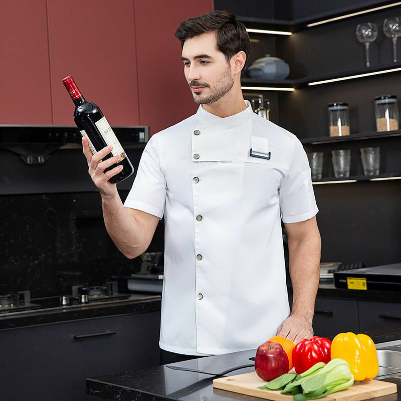 Homens cinza chef casaco logotipo manga curta chef jaqueta avental para o verão cabeça uniforme chef restaurante cozinha do hotel roupas de cozinha