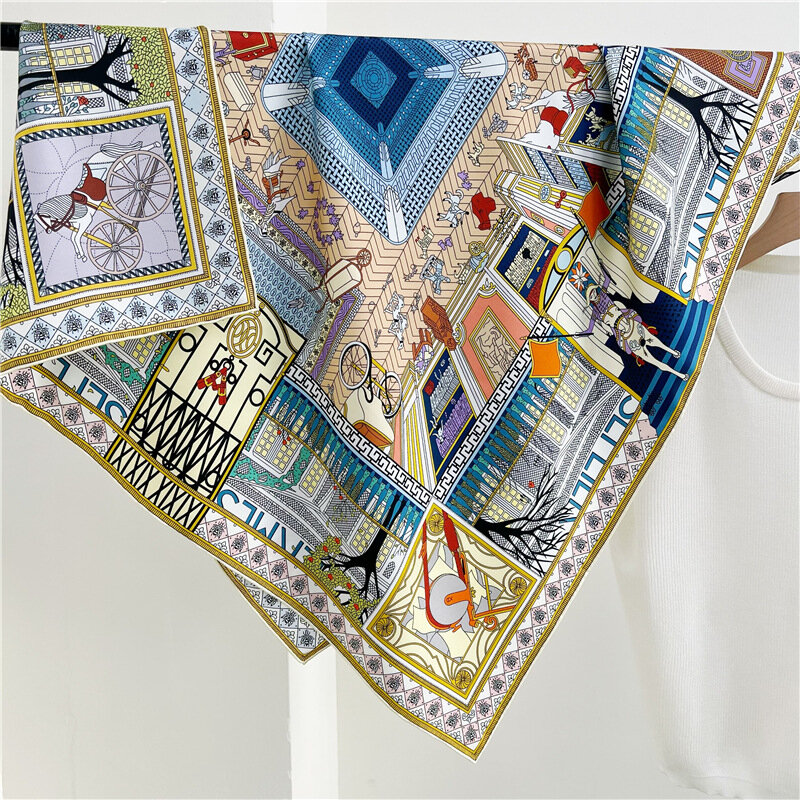 Bufandas de seda de lujo para mujer, Foulard de doble cara, estampado en seda pesada, diseño de marca, 90x90cm