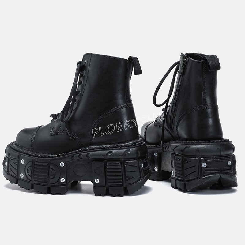 Botines de plataforma Punk con cordones, zapatos de cuero mate, punta redonda, fiesta, Rock, motocicleta, color negro, envío gratis, novedad