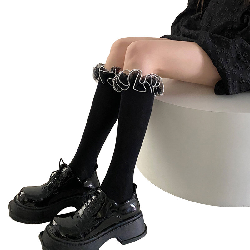 여성용 블랙 화이트 로리타 무릎 높이 양말, 오간자, 티어드 러플 프릴, 신축성 있는 통기성 양말, 패션 코스프레 스타킹
