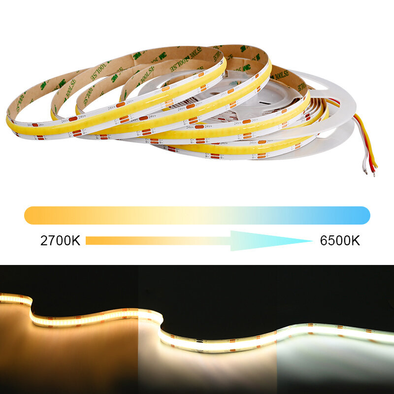 Bande lumineuse LED COB CCT FOB flexible à intensité variable, haute densité, 608 gible/m, 2700K à 6500K, éclairage modifiable DC12V 24V