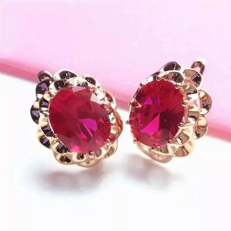 14k ouro rosa rubi brincos florais para mulheres, luxo requintado charme, jóias de casamento, roxo e ouro embutidos, moda, 585