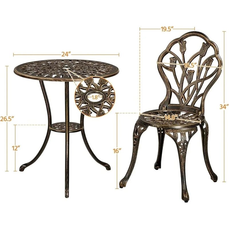 Juego de mesa y sillas de aluminio fundido para jardín, juego de Café de 3 piezas, resistente al óxido, bronce, para Patio