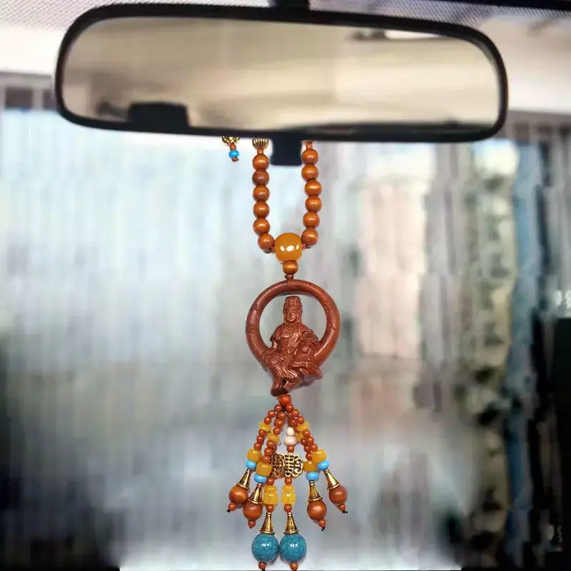 Perzik Hout Hanger Auto Guanyin Zegen Veiligheid Opknoping Ornamenten Cyber Celebrant Boeddha Ornamenten Houtsnijwerk Voor Mannen En Vrouwen
