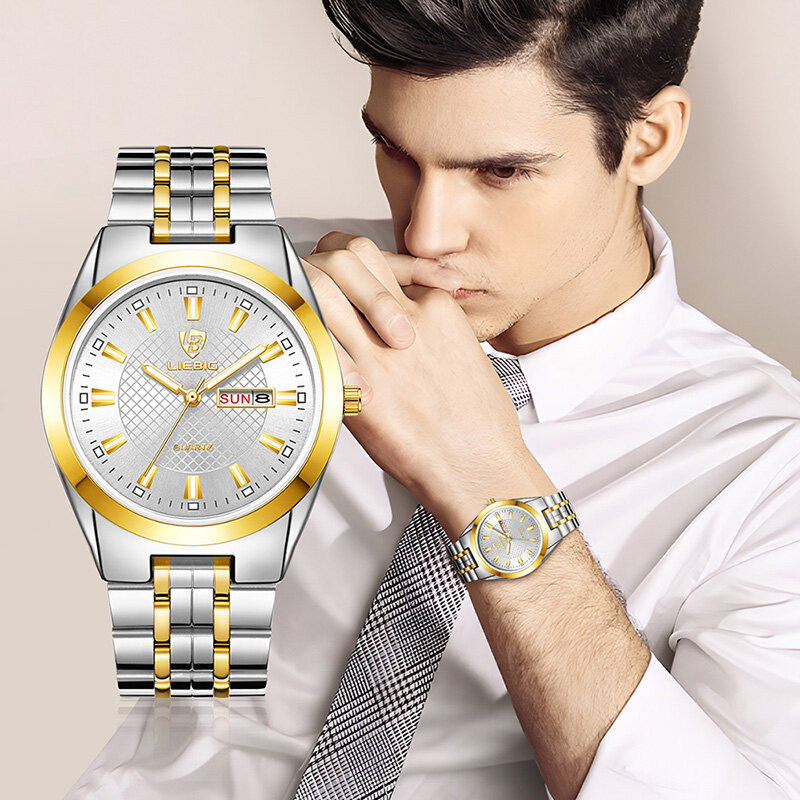 Liebbig jam tangan baja tahan karat pria wanita, arloji Fashion mewah tanggal waktu Quartz tahan air untuk pria dan wanita