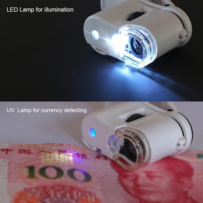 60X LED مجوهرات عدسة مكبرة التركيز تعديل مجهر الجيب مع الهاتف الخليوي كليب الأشعة فوق البنفسجية ضوء العالمي كليب المجهر