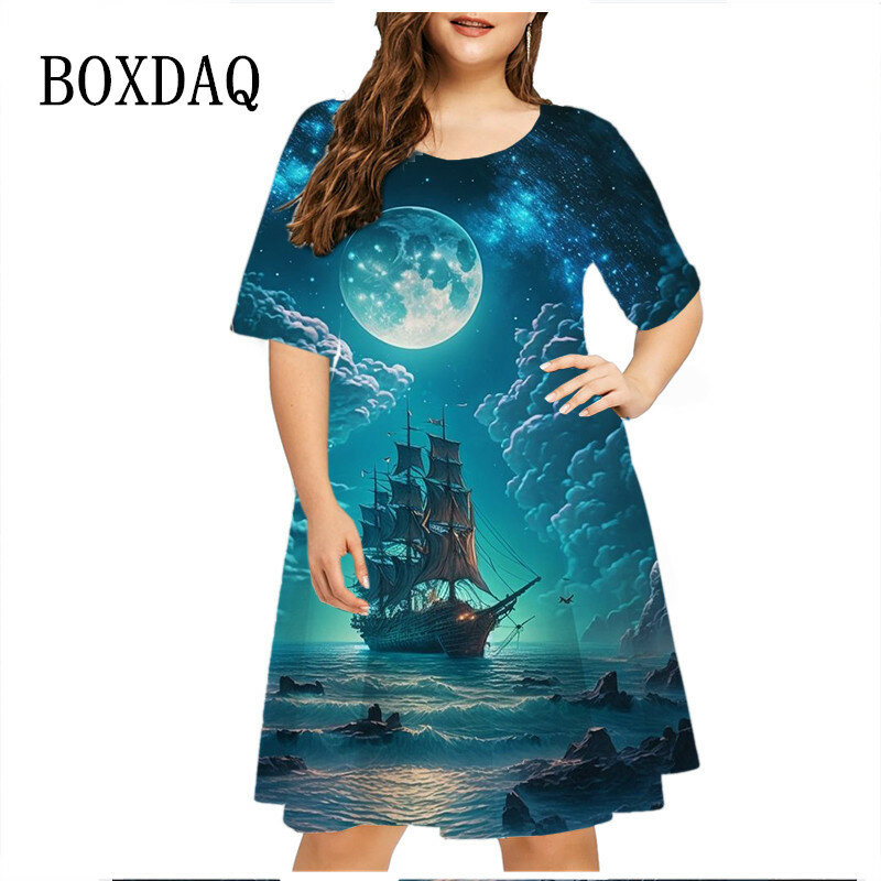 Женское винтажное платье с принтом корабля, свободное Повседневное платье с коротким рукавом, модель 6XL на лето, 2023