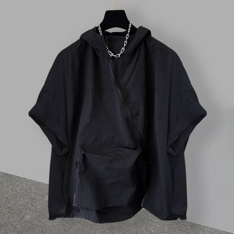 Summer Thin Diagonal Zipper Short Sleeve Men Hooded Sweatshirt Fashion Big Pocket Korean Hip Hop Oversize Streetwear Black White