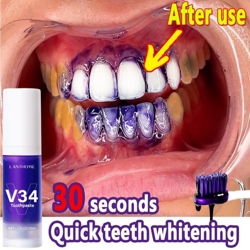 V34 Pro Verminderen Vergeling Mondschoon Zorg Gemakkelijk Glimlach Paarse Corrector Tanden Bleken Tandpasta Emaille Verwijdering Tandplak