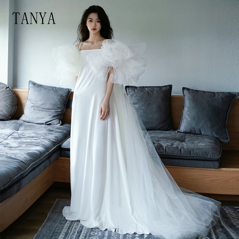 Gaun pernikahan tali Spaghetti elegan, dengan jubah pernikahan lengan Tulle dapat dilepas mode dua potong gaun pengantin cantik TSWD237