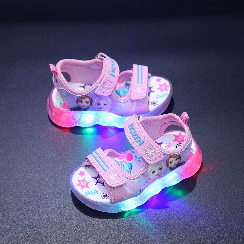 Sandálias esportivas luminosas iluminadas por Elsa princesa congelada para meninas da Disney, sapatos infantis antiderrapantes, verão, tamanho 21-3