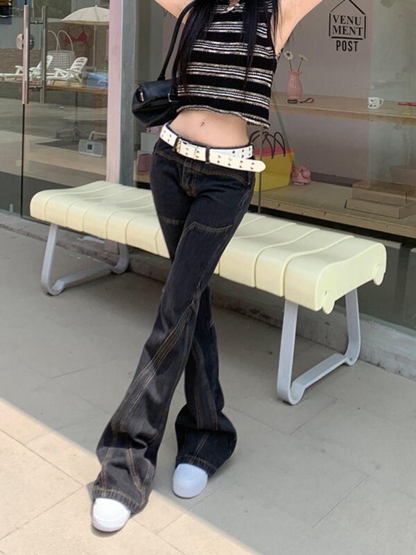 กางเกงยีนส์ขาบานแบบกอธิคสีดำสำหรับผู้หญิง Y2k ฮาราจูกุสไตล์ญี่ปุ่น2000s กางเกงยีนส์ทรงหลวมโอเวอร์ไซส์เสื้อผ้าวินเทจ