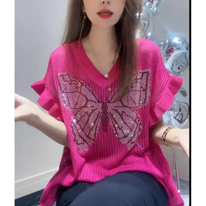 Modne wycięte diamenty z dzianiny rękaw motylek t-shirty damskie odzież 2024 lato nowa luźna topy w koreańskim stylu koszulka Casual koszula
