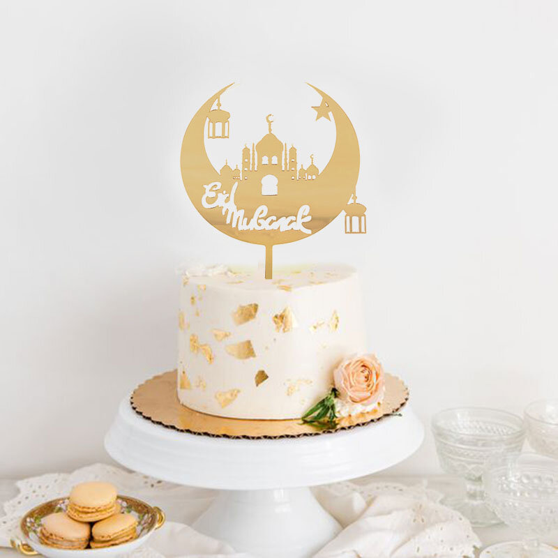 Goldene Eid Mubarak Acryl Kuchen Topper Burg Mond CupCake Topper für Ramadan Islamischen Muslimischen Festival Party Kuchen DIY Dekoration