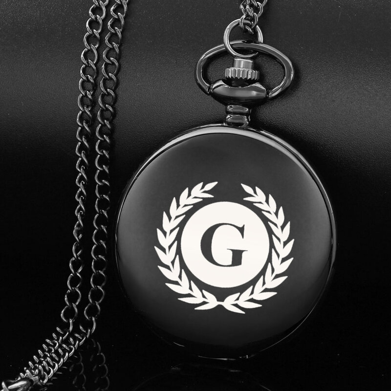 Reloj de cuarzo negro con diseño de iniciales de 26 letras, reloj de bolsillo con alfabeto inglés tallado en A-O, cadena, regalo perfecto