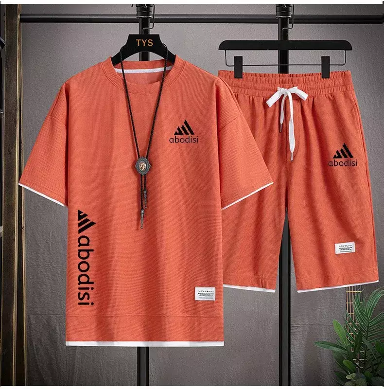 Summer Waffle t shirt Hong Kong style men's leisure vacation two sets couple loose trend plus-size five point pants mens clothes