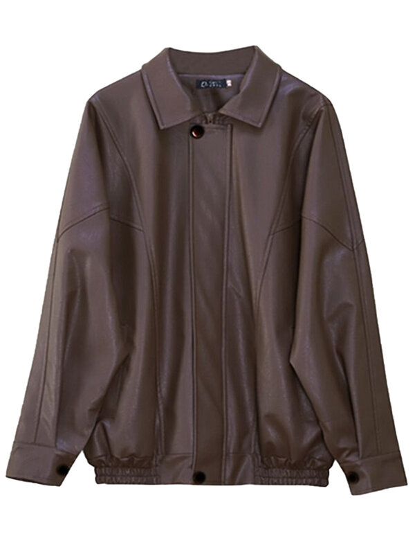 Lautaro 여성용 오버사이즈 레트로 블랙 브라운 가죽 재킷, 긴팔 지퍼, 루즈한 캐주얼, 멋진 한국 의류, 봄 가을, 2022