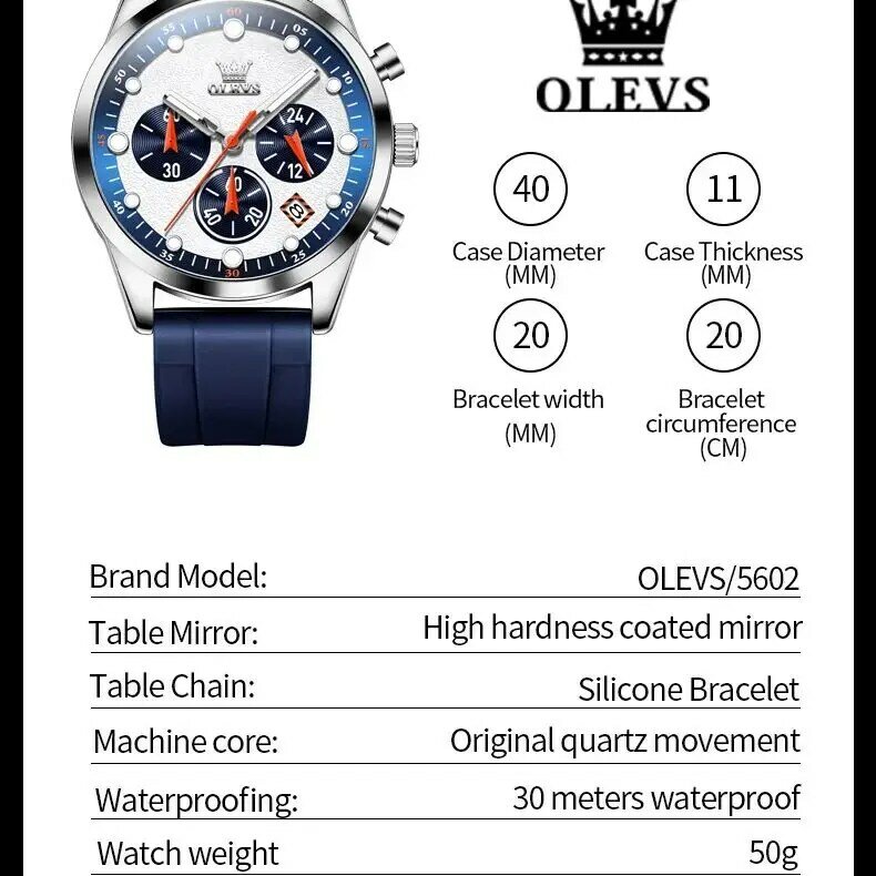OLEVS 5602 Rubber Strap Men's Watches Multifunctional Chronograph Date Waterproof Luminous Fashion Sports Men Wristwatch Quartz