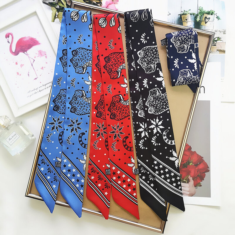 KoreanVersatile in Spring New Animal Leopard Women's Twill Decoration Small Silk Scarf Binding Bag Handle Ribbon Hair Band Scarf