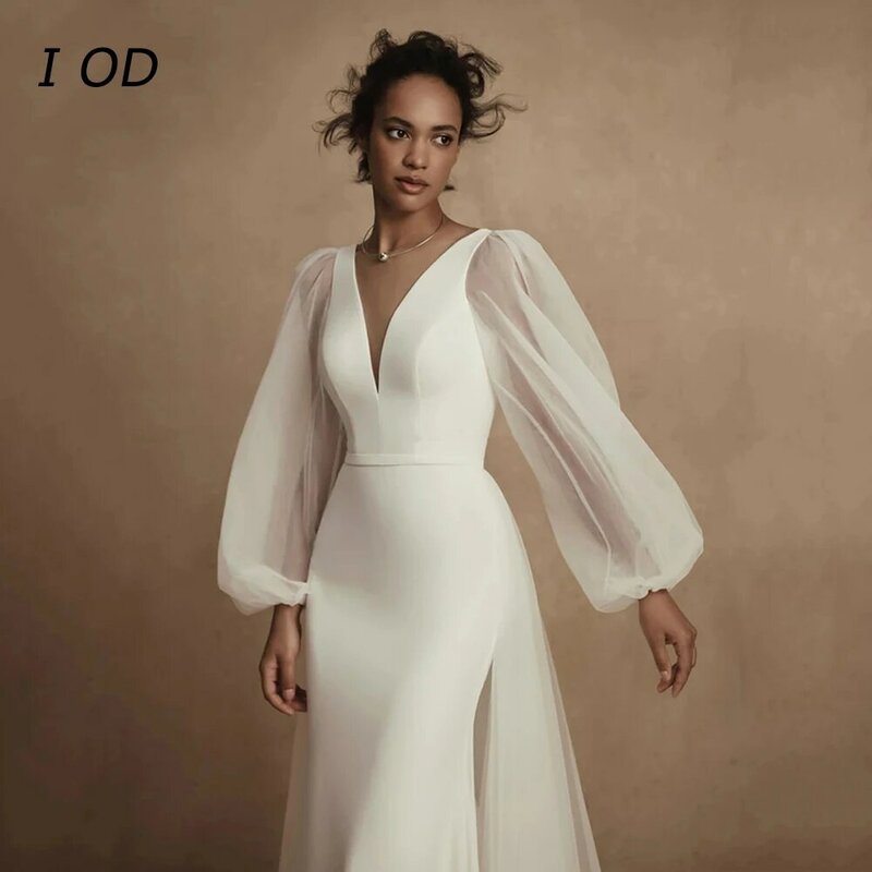 I OD Simple Lace Long sleeved V-neck Satin Fishtail Wedding Dress Open Back Lace Floor mopping Women's Wedding Dress De Novia