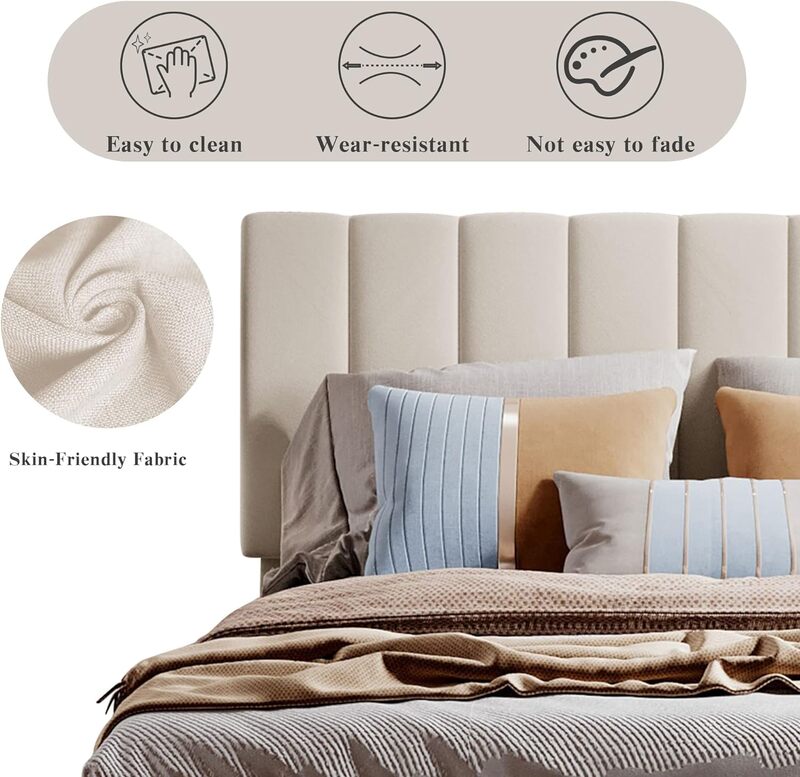 ยกเตียงแพลตฟอร์มเตียงหุ้มด้วยแผ่นรองหัวเตียงไม้ระแนงไม้และใต้ตู้เก็บของข้างเตียง