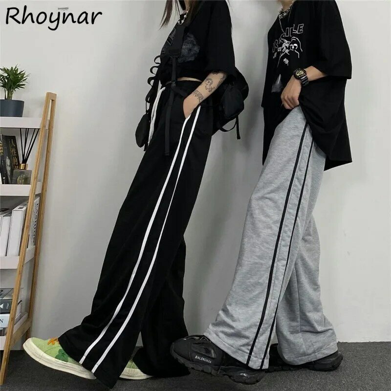Hosen mit weitem Bein Frauen einfache Baggy Freizeit All-Match tägliche elastische Taille entworfen gestreifte College-Studenten Frühling Streetwear Chic