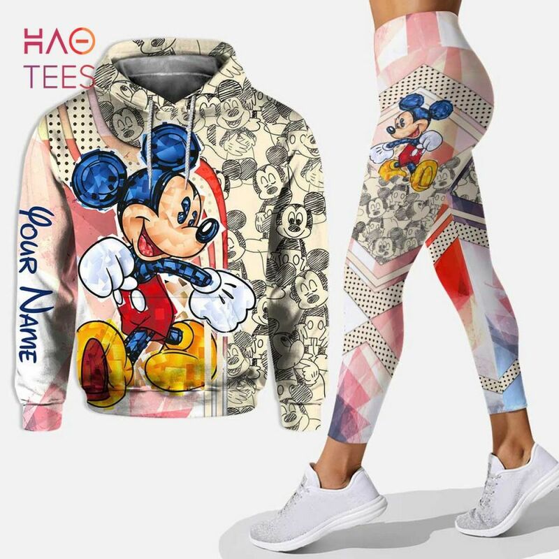 Disney-Mulheres com capuz 3D do Mickey Mouse e roupa legging de cintura alta, calça yoga, moletom, conjunto de treino