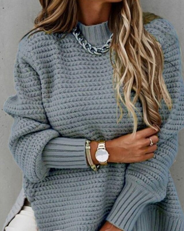 Sweter damski 2023 jesienno-zimowy półgolf solidny kolorowy pulower z długim rękawem smycz na szyje boczne rozcięcie sweter z dzianiny