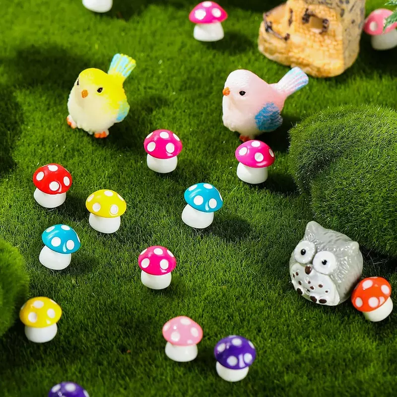 100 buah patung kecil jamur Mini dekorasi patung jamur dalam ruangan luar ruangan warna-warni untuk ornamen kerajinan Bonsai lanskap taman