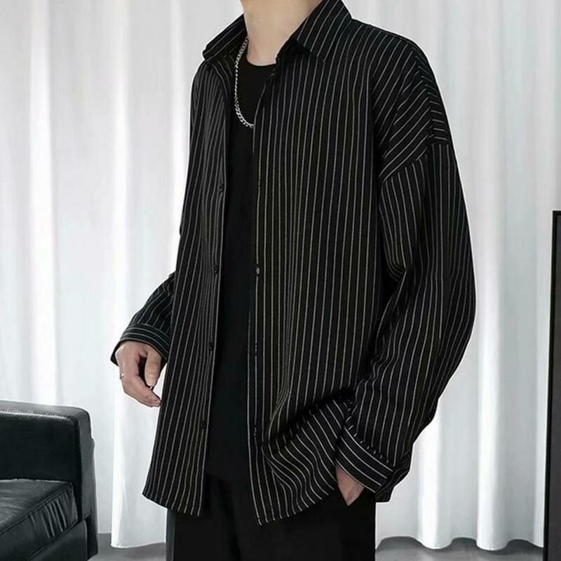 Camisa listrada estilo japonês masculina, gola virada para baixo, design single-breasted, moda longa casual, outono e primavera