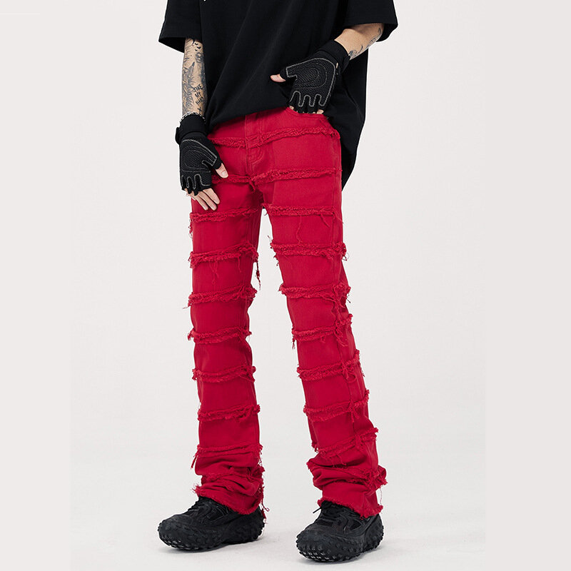 Harajuku Hip Hop Streetwear Jeans larghi dritti sfilacciati con nappe a righe 2023 pantaloni rossi in Denim tinta unita maschili e femminili