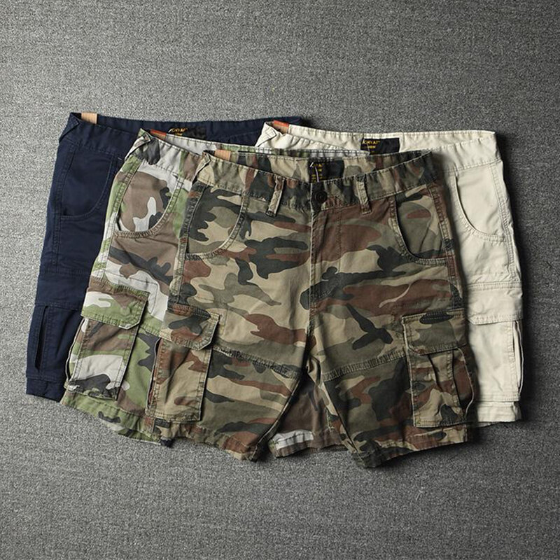 100% Cotton Multiple Pockets Straight Camouflage Cargo Shorts For Men Summer Knee Length Streetwear Pants Casual Beach Trousers
