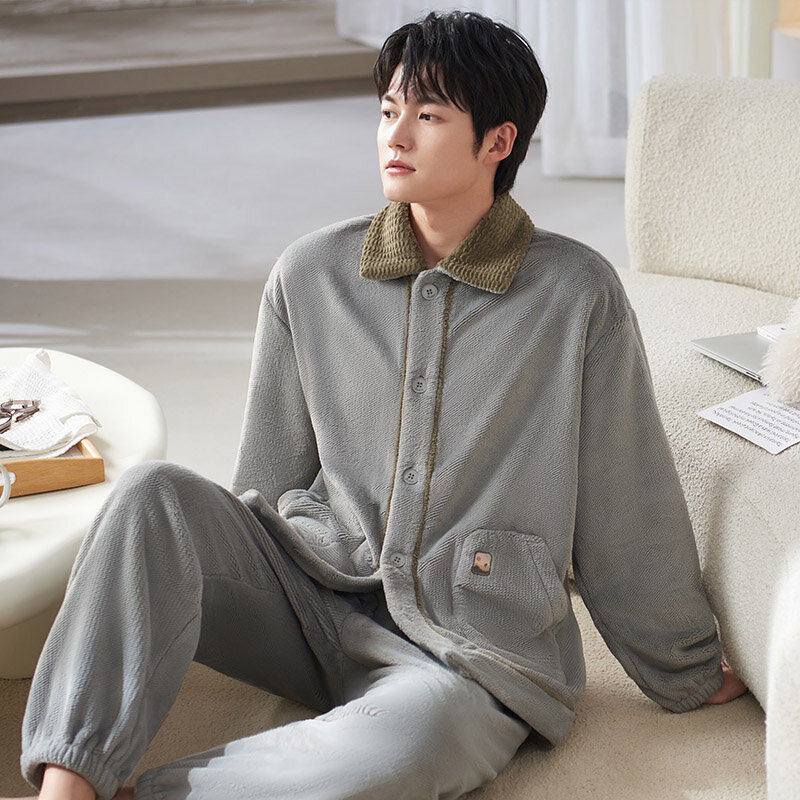 Men's Winter Flannel Pajamas Set Coral Fleece Solid Color Sleepwear Homewear Thick Warm Velvet Male Home Suit Fall Sweatshirt