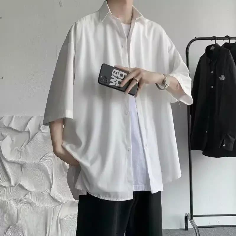 Heren Shirts Harajuku Zwart Wit Eenvoudige Korte Mouwen Koreaanse Stijl Gedrapeerd Losse Plus Size S-3XL Hiphop Zomer All-Match Bovenkleding