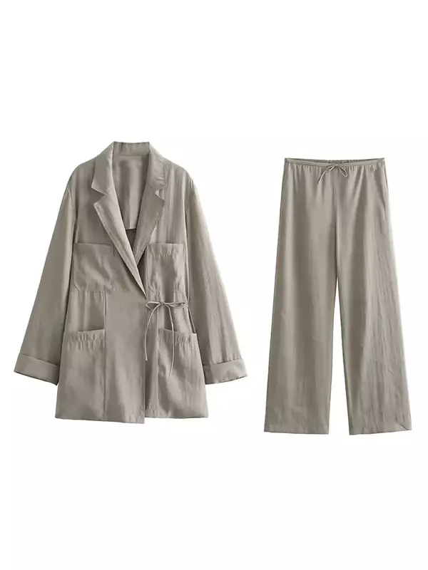 2024 elegante Revers Schnür Blazer Jacke Anzug Frauen lose hohe Taille weites Bein Hosen Set Frühling Dame elegante Büro Streetwear