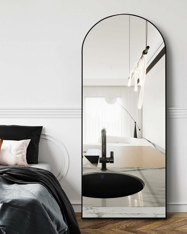 Specchio ad arco a figura intera 70 "x 31" telaio in alluminio a parete o in piedi specchio corpo antideflagrante eleganza fiorita