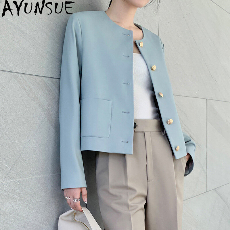 AYUNSUE Leather Jacket for Women Sheepskin O-Neck Single-Breasted Short Blue/Yellow Leisure and Versatile Kurtka Skórzana Damska
