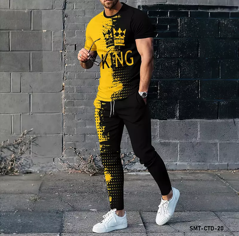 Conjunto esportivo com padrão 3D de letras masculino, camiseta manga curta, calça comprida, moda de jogging, verão
