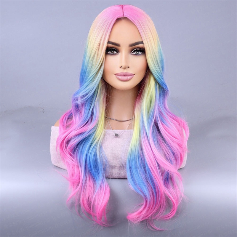 Peluca colorida de arcoíris, peluca de Cosplay europea y americana con flecos, simulación de cuero cabelludo, fiesta, Festival de fantasmas