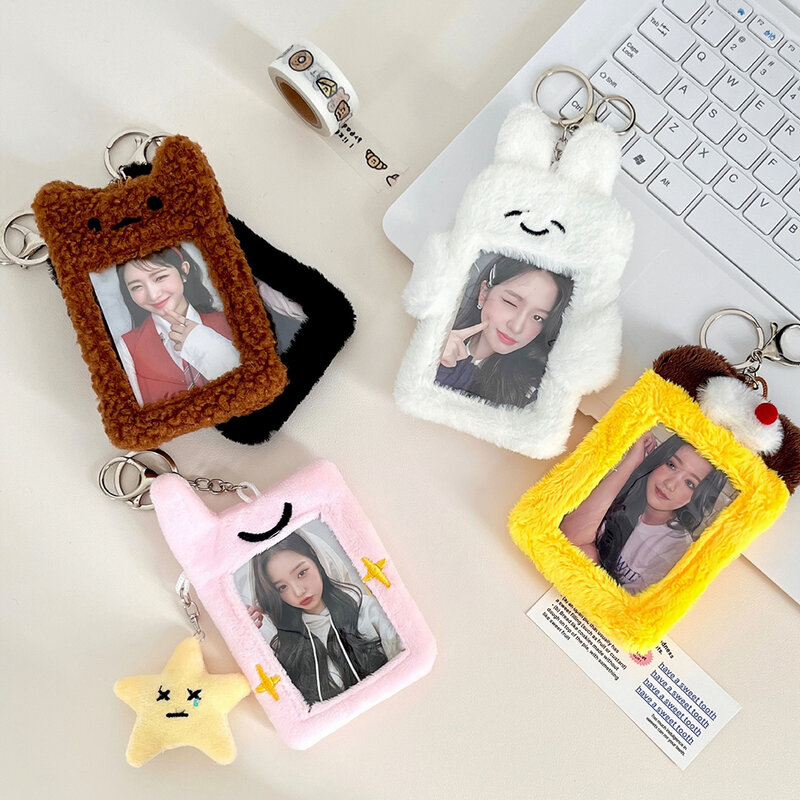 Porte-cartes photo en peluche de dessin animé mignon pour filles, ours, lapin, idole coréenne, porte-clés, protecteur de crédit d'identité, papeterie, 3 po